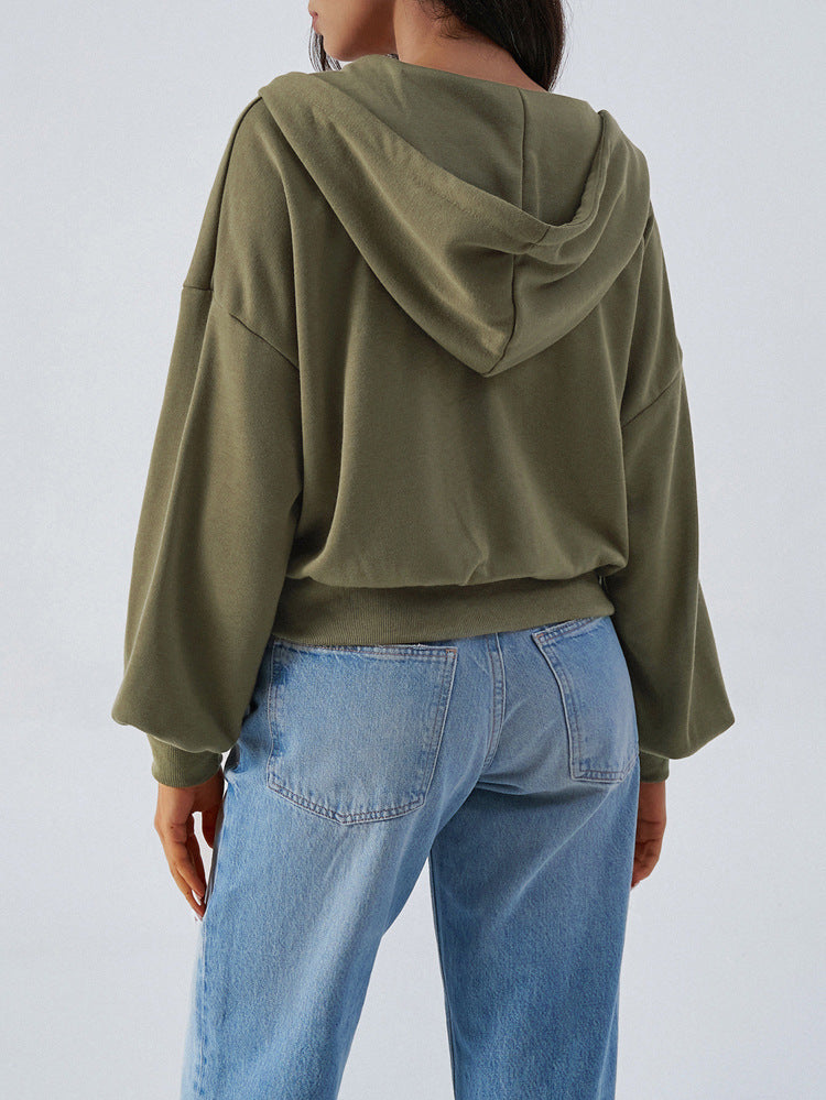 Cropped Zip Up Hooded Cardigan - Green - 2