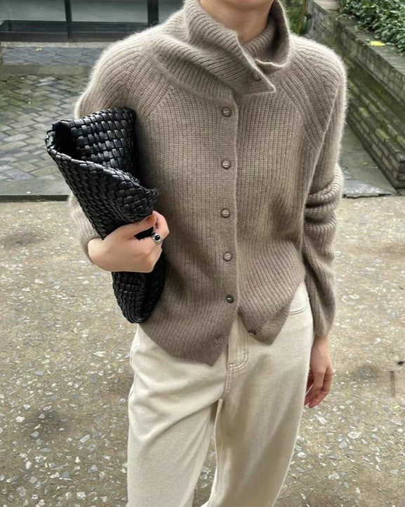 Ribbed Funnel Neck Button Front Cardigan - Camel