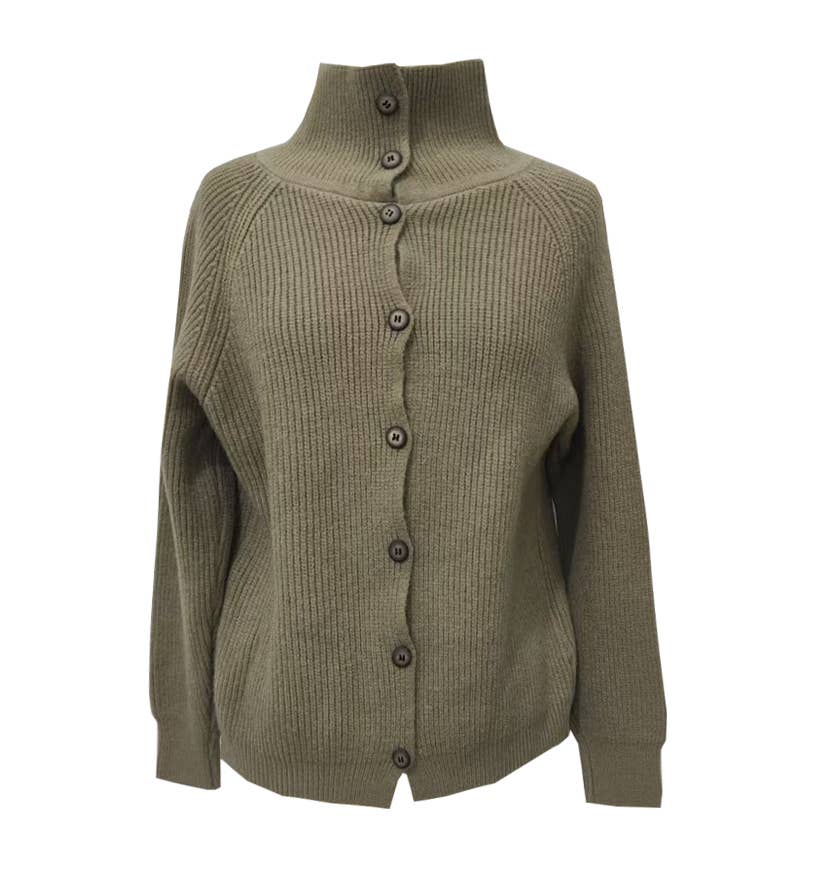 Ribbed Funnel Neck Button Front Cardigan