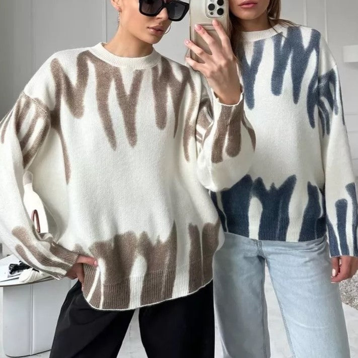 Brushstroke Wave Print Oversized Knit Jumper - Blue