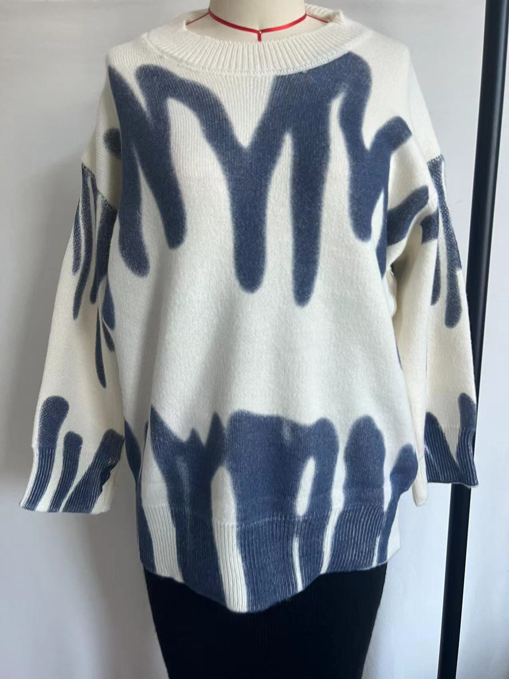 Brushstroke Wave Print Oversized Knit Jumper - Blue - 1
