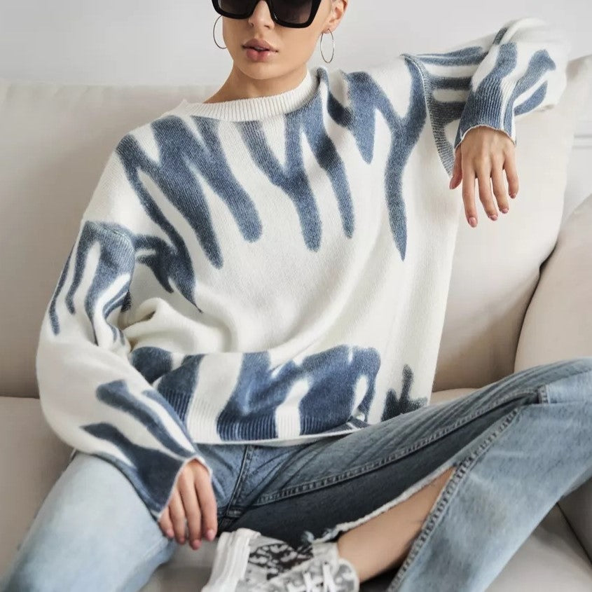 Brushstroke Wave Print Oversized Knit Jumper - Blue - 2