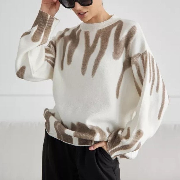 Brushstroke Wave Print Oversized Knit Jumper - Camel