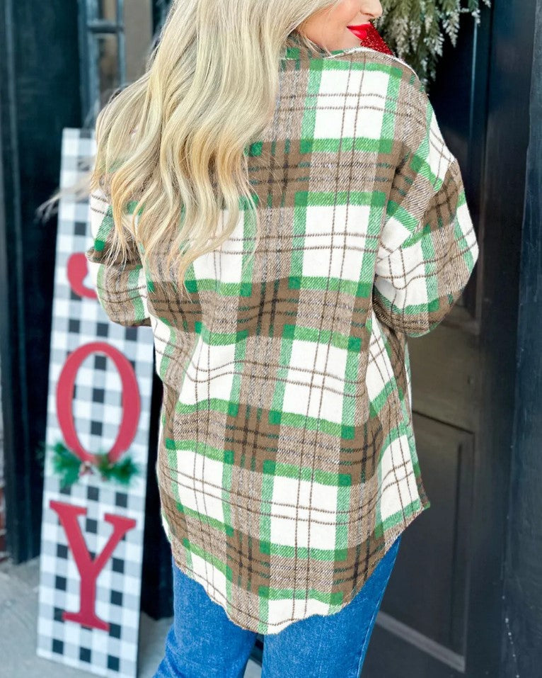 Holiday Plaid Flannel Button Front Shacket - Green - 1