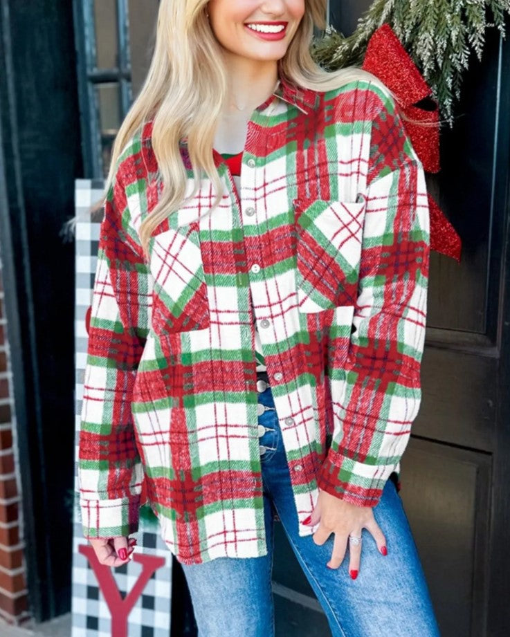 Holiday Plaid Flannel Button Front Shacket - Red