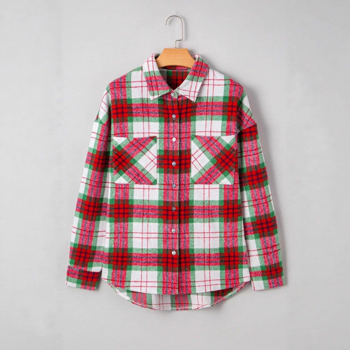 Holiday Plaid Flannel Button Front Shacket - Red - 1