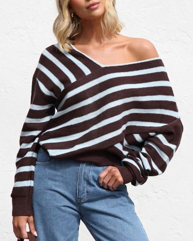 Diagonal Stripe Slouchy Off Shoulder Sweater - Coffee