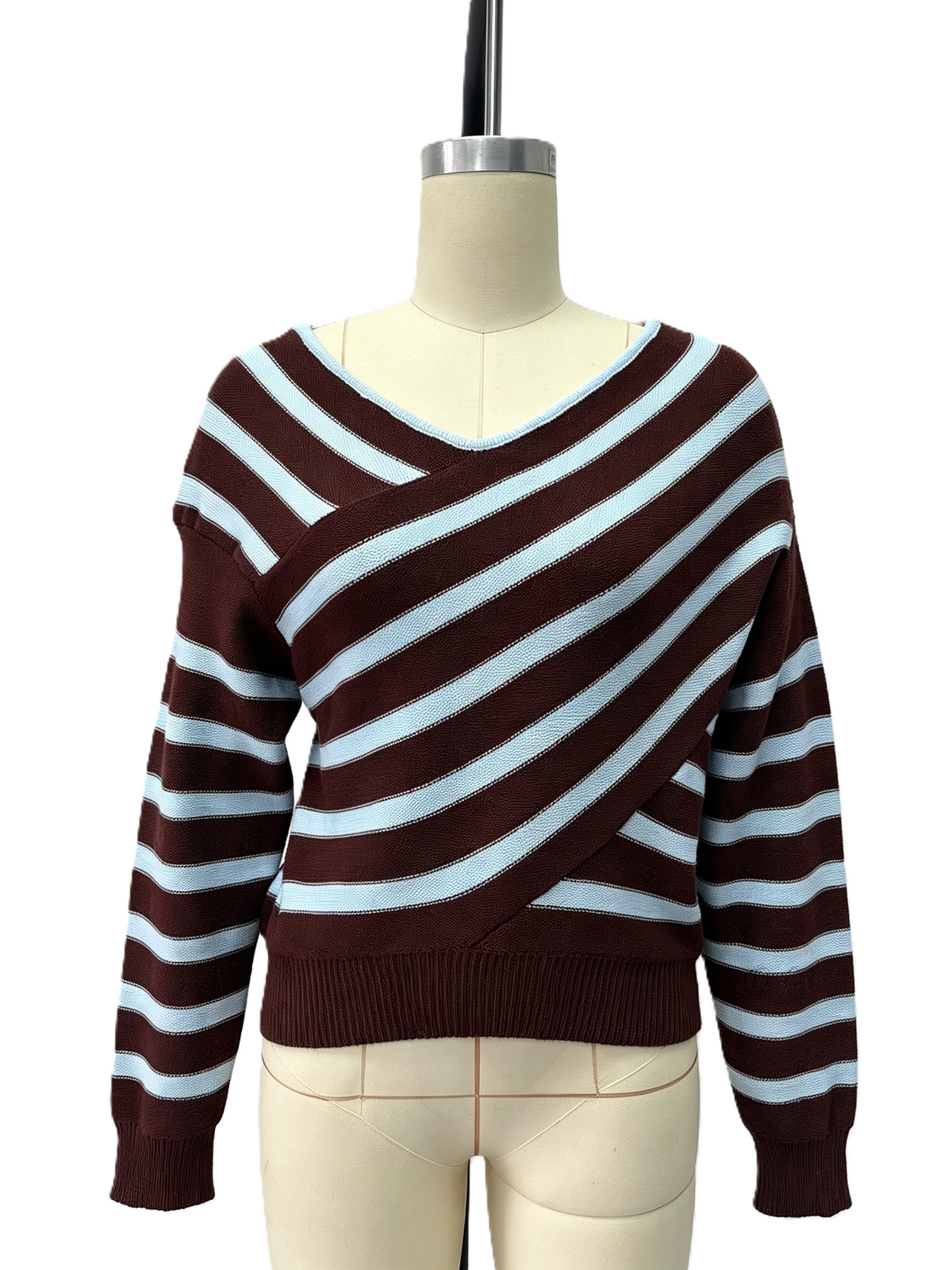 Diagonal Stripe Slouchy Off Shoulder Sweater - Coffee - 1