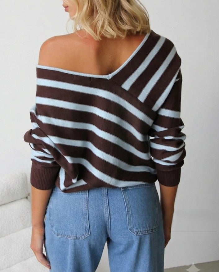 Diagonal Stripe Slouchy Off Shoulder Sweater - Coffee - 4