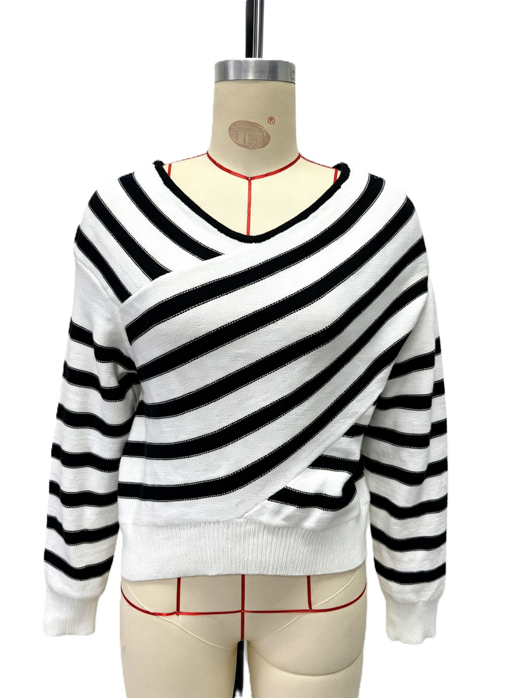 Diagonal Stripe Slouchy Off Shoulder Sweater - White