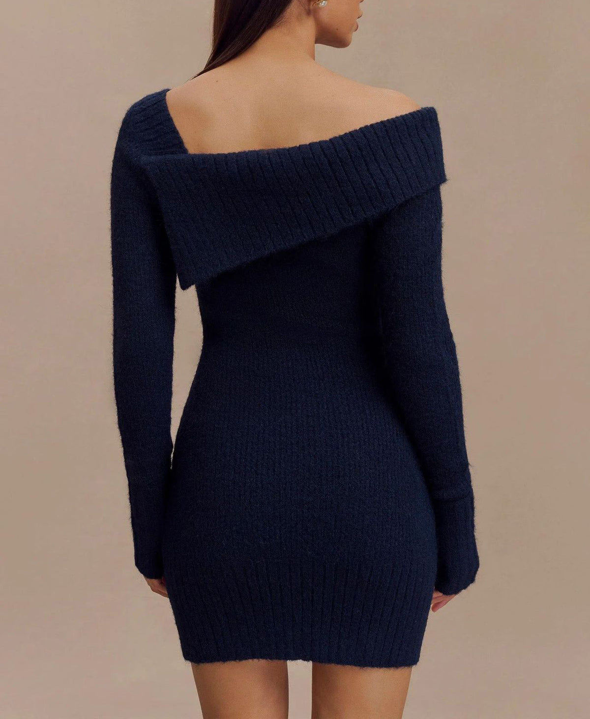 Asymmetric Fold Collar Knit Mini Dress - Blue - 1