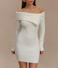 Asymmetric Fold Collar Knit Mini Dress - White