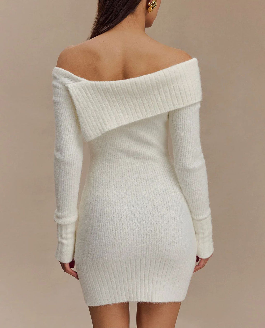 Asymmetric Fold Collar Knit Mini Dress - White - 1