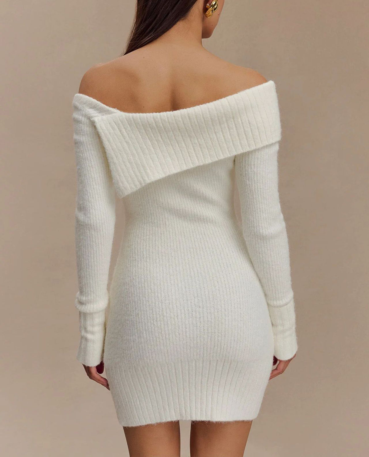 Asymmetric Fold Collar Knit Mini Dress - White - 1