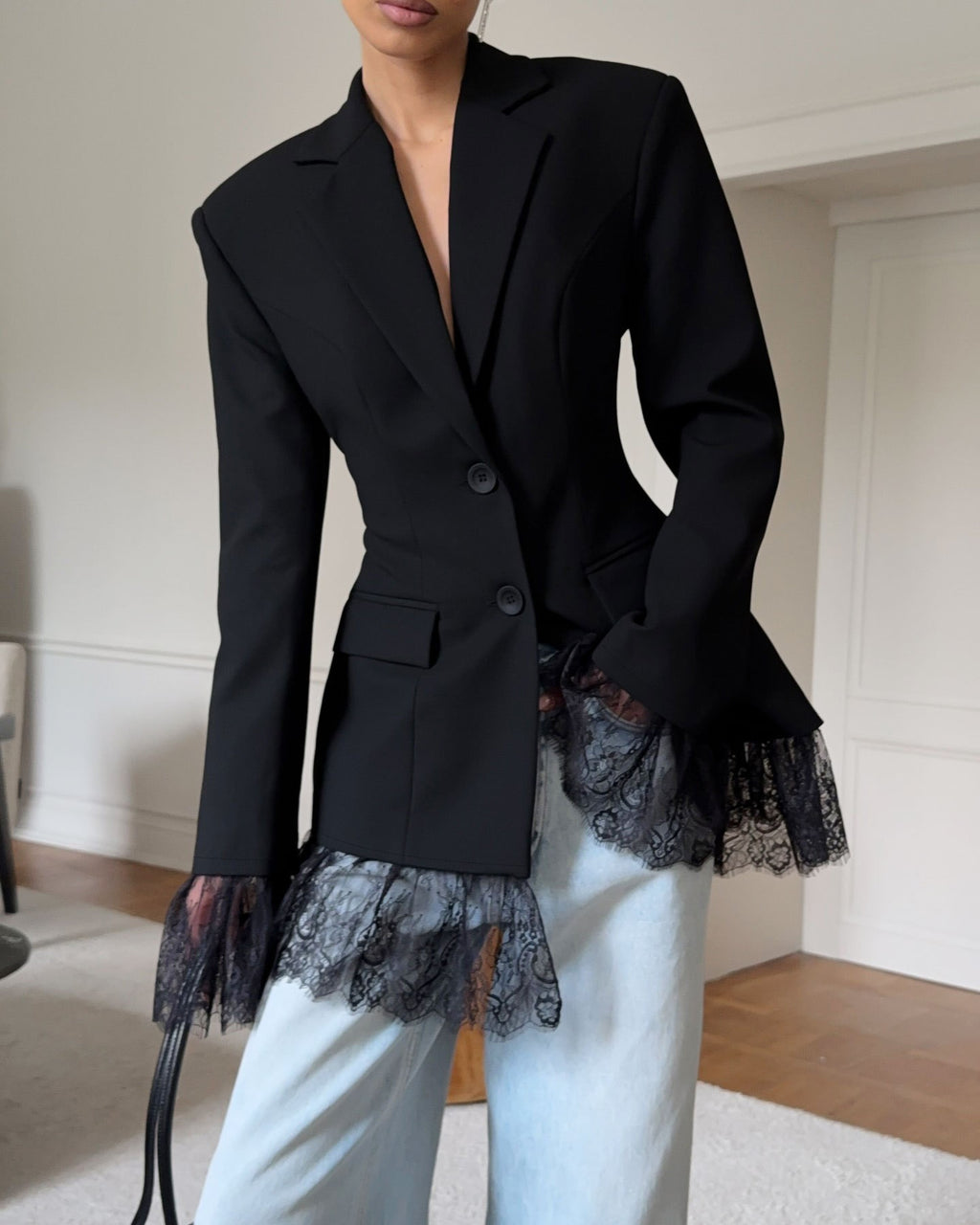 Lace Hem Fitted Single Button Blazer - Black
