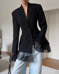 Lace Hem Fitted Single Button Blazer - Black