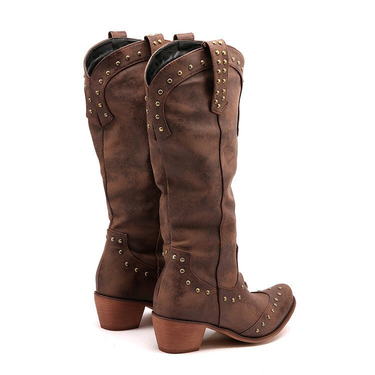 Studded Distressed Pointed Toe Western Boots