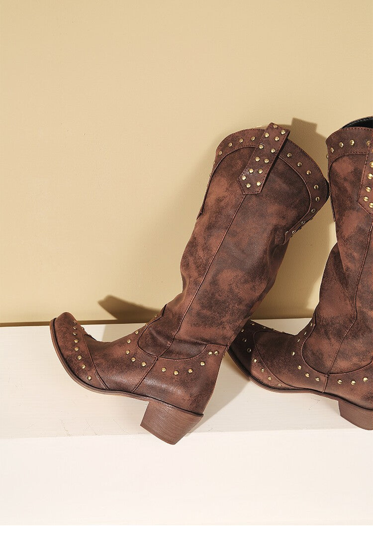 Studded Distressed Pointed Toe Western Boots