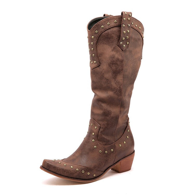 Studded Distressed Pointed Toe Western Boots