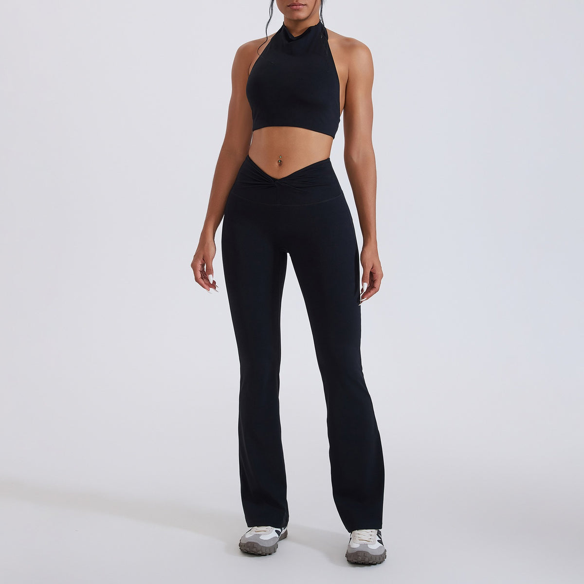 Mock Neck Halter Crop Top Crossover Flare Yoga Set - Black