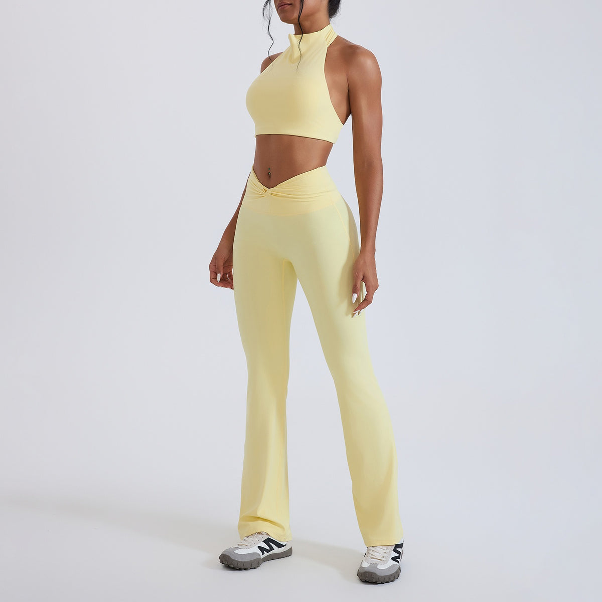 Mock Neck Halter Crop Top Crossover Flare Yoga Set - Butter Yellow