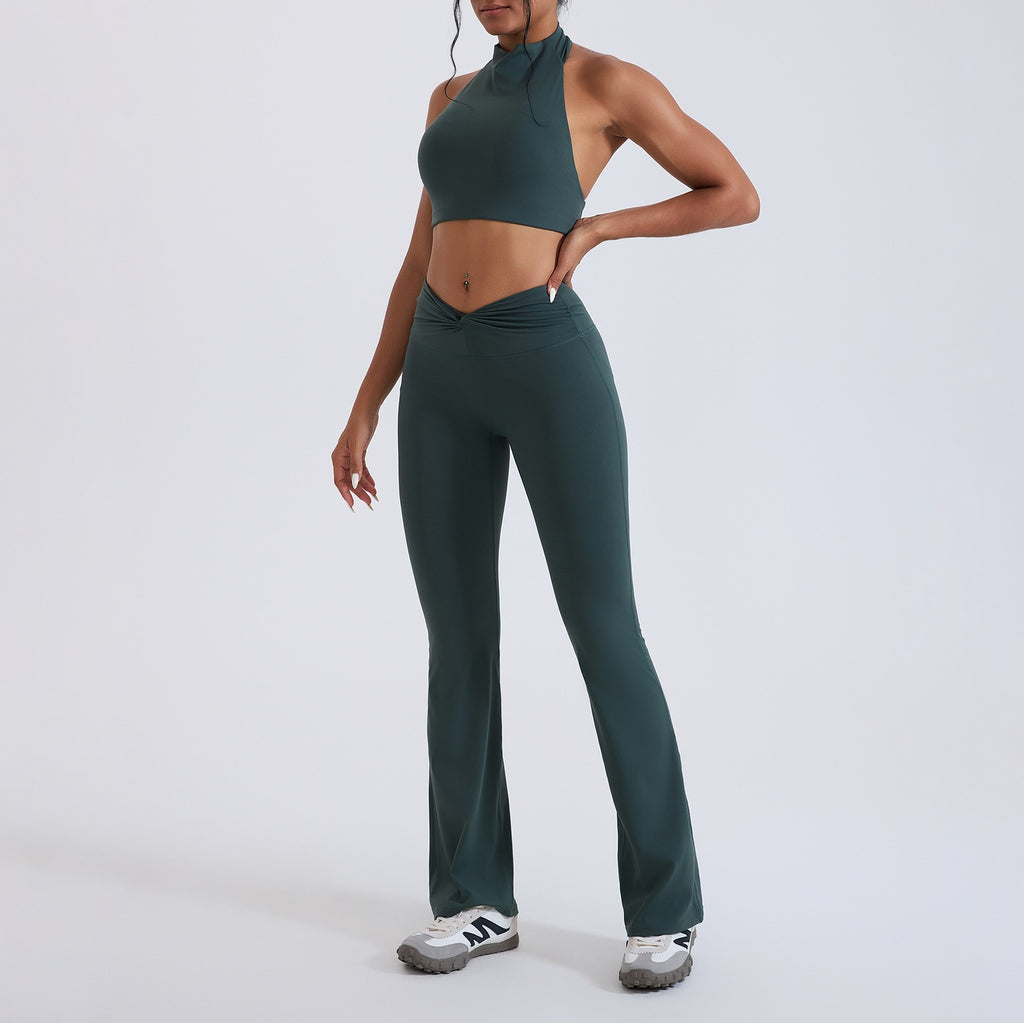 Mock Neck Halter Crop Top Crossover Flare Yoga Set - Deep Green