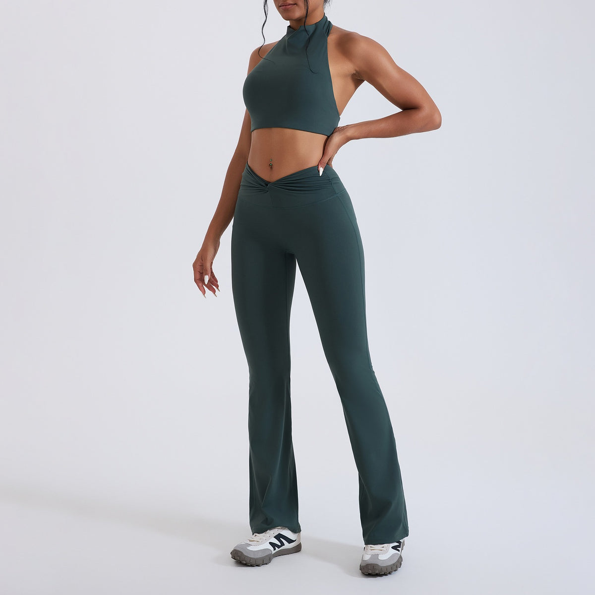 Mock Neck Halter Crop Top Crossover Flare Yoga Set - Deep Green