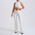 Mock Neck Halter Crop Top Crossover Flare Yoga Set - Ivory