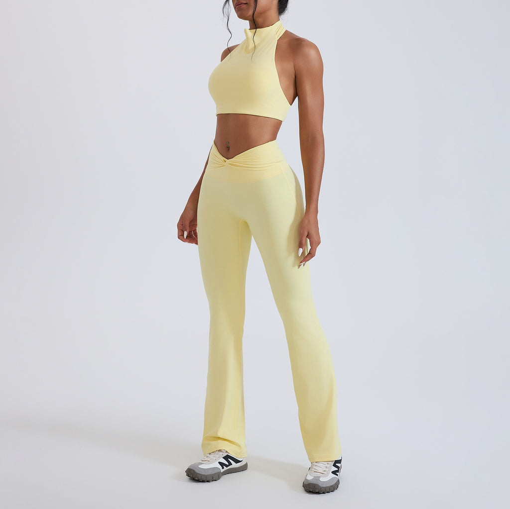 Mock Neck Halter Crop Top Crossover Flare Yoga Set
