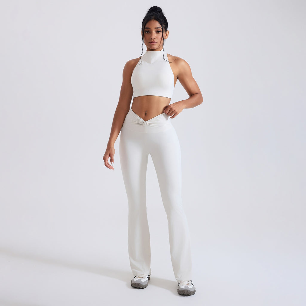 Mock Neck Halter Crop Top Crossover Flare Yoga Set
