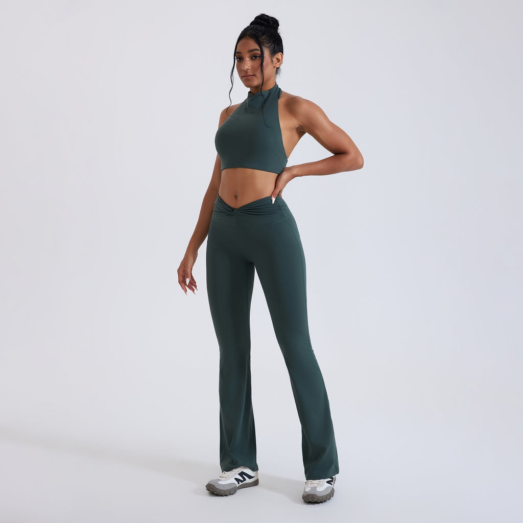 Mock Neck Halter Crop Top Crossover Flare Yoga Set