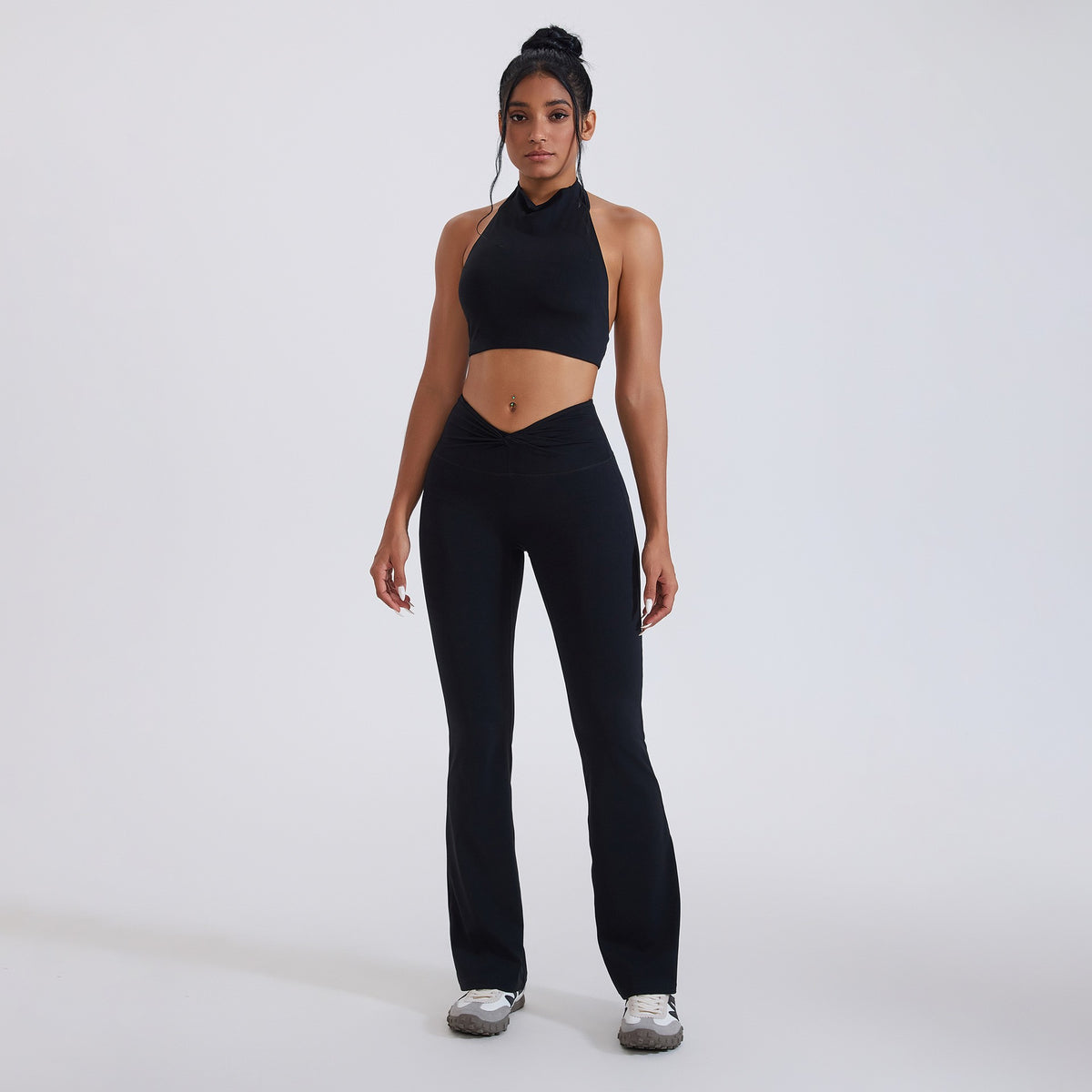 Mock Neck Halter Crop Top Crossover Flare Yoga Set
