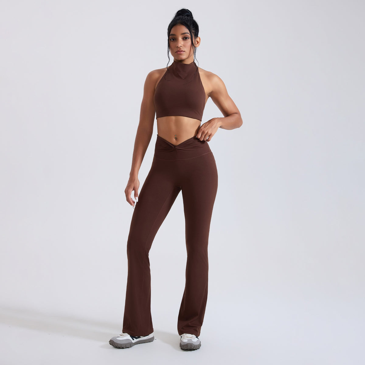 Mock Neck Halter Crop Top Crossover Flare Yoga Set