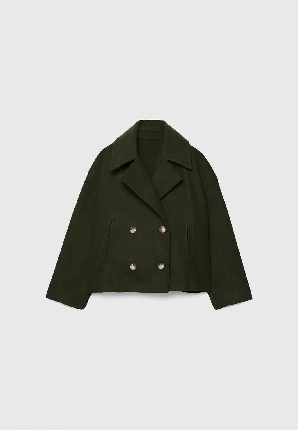 Cropped Double Breasted Wide Lapel Peacoat - ArmyGreen