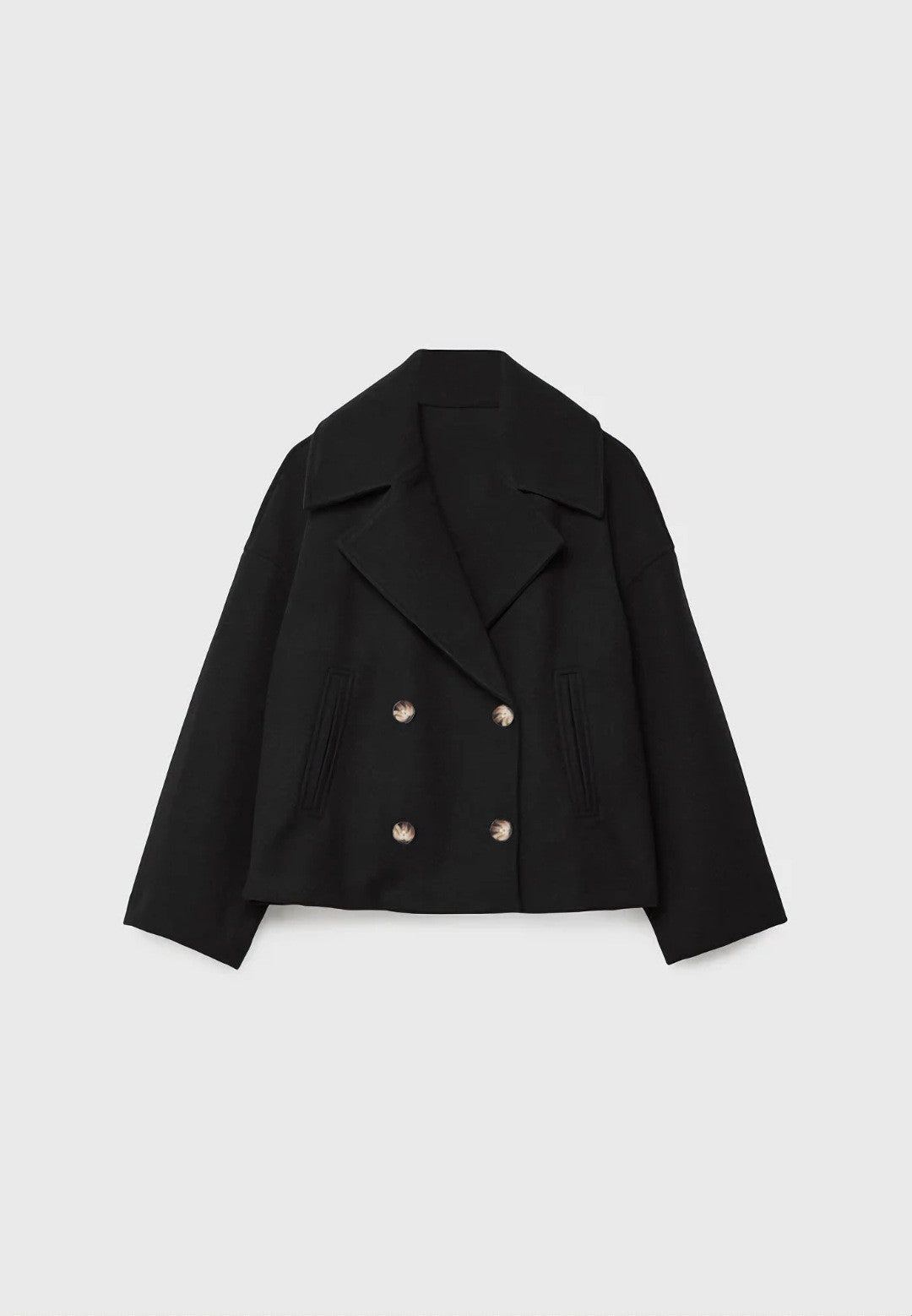 Cropped Double Breasted Wide Lapel Peacoat - Black