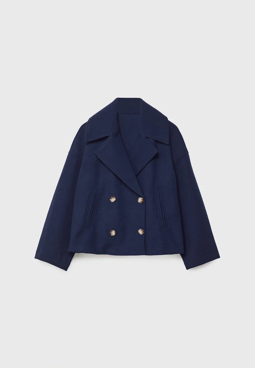 Cropped Double Breasted Wide Lapel Peacoat - Navy