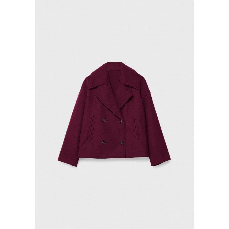 Cropped Double Breasted Wide Lapel Peacoat - Red
