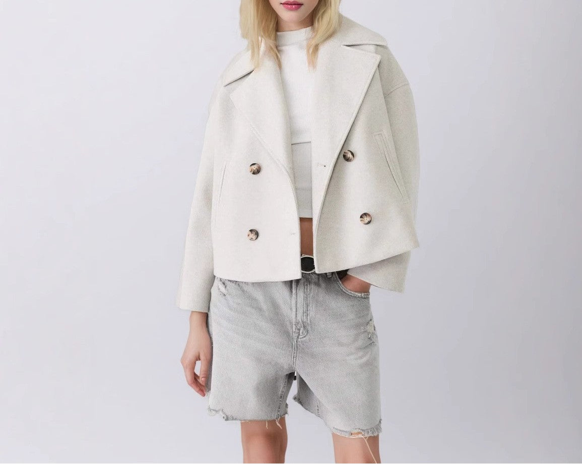 Cropped Double Breasted Wide Lapel Peacoat