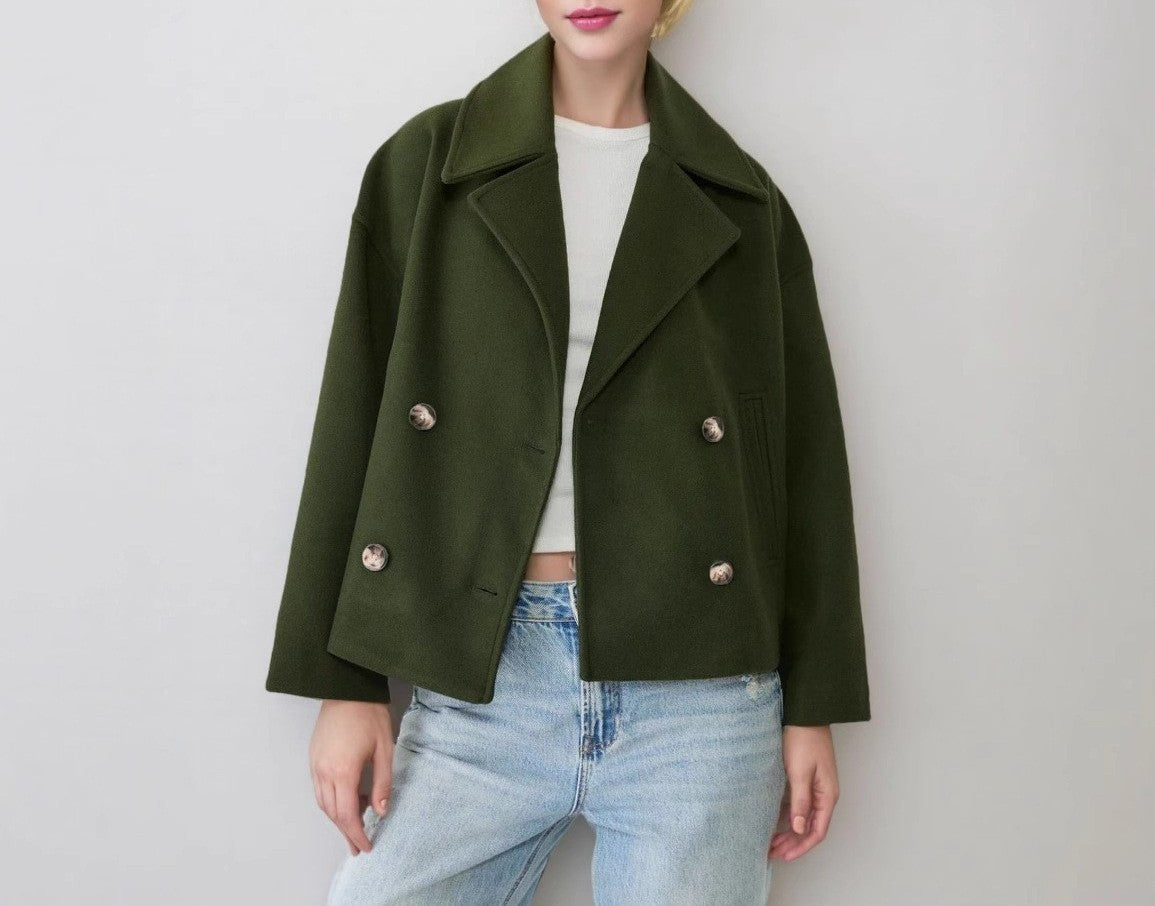 Cropped Double Breasted Wide Lapel Peacoat - view 1