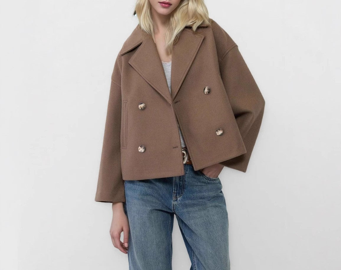 Cropped Double Breasted Wide Lapel Peacoat - view 2