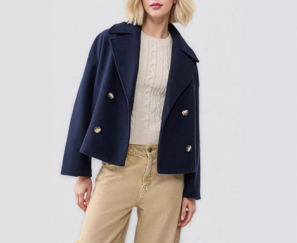 Cropped Double Breasted Wide Lapel Peacoat - view 3