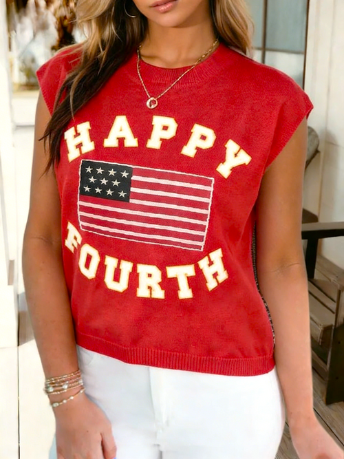 Americana Flag Graphic Knit Vest Top - Red - 1