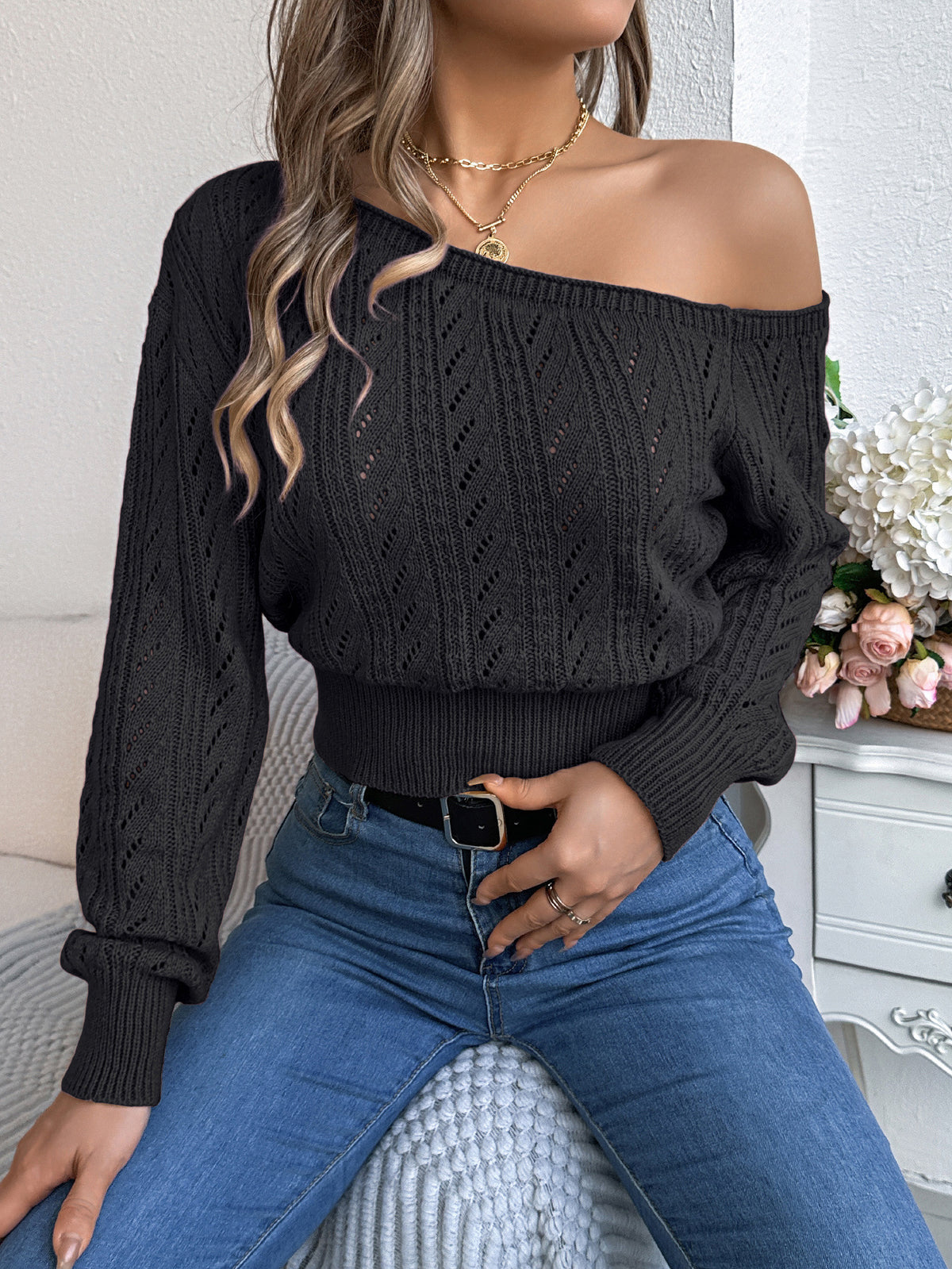 Off Shoulder Cable Knit Cropped Top - Black