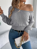 Off Shoulder Cable Knit Cropped Top - Grey