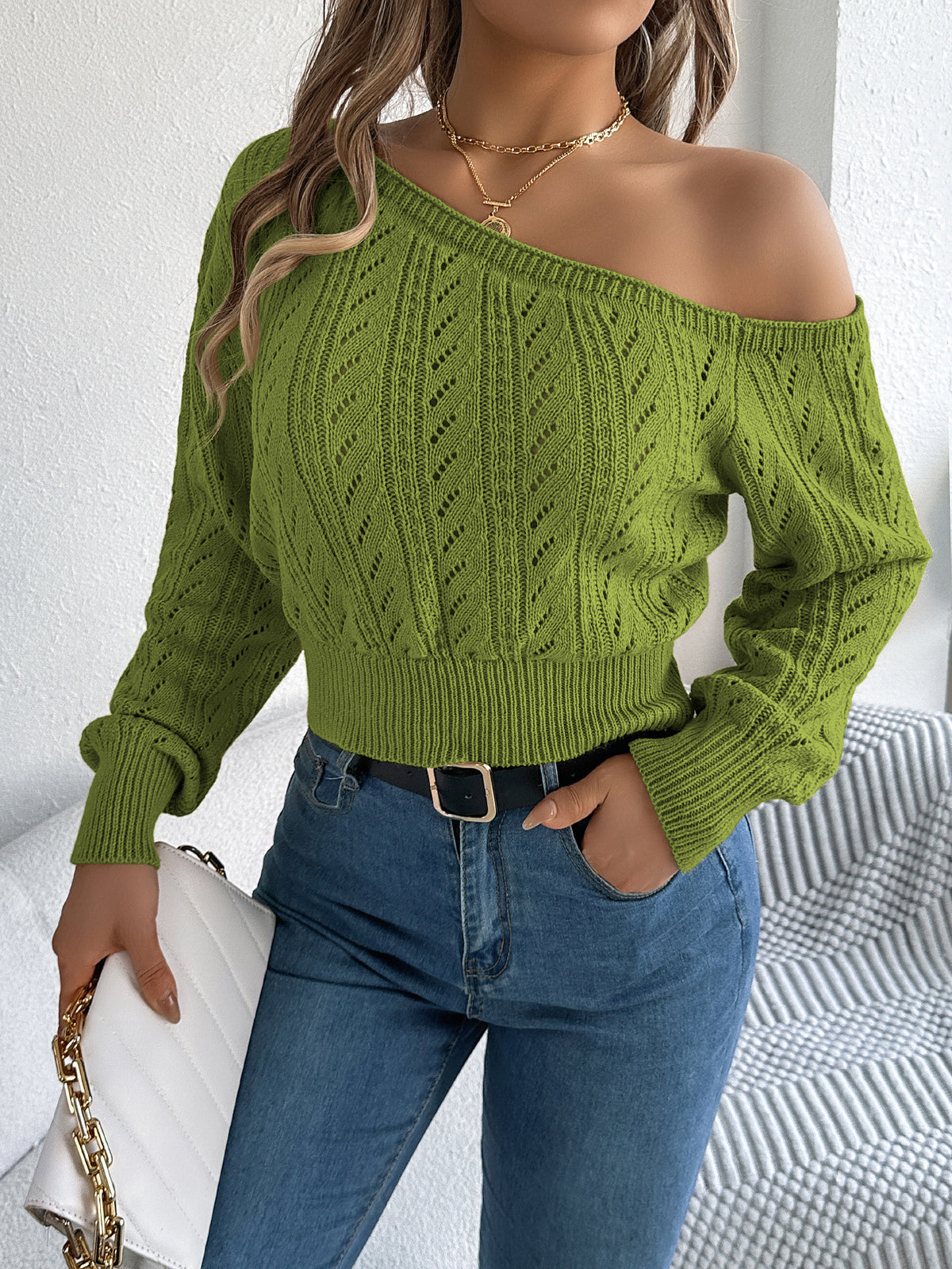 Off Shoulder Cable Knit Cropped Top - Matcha