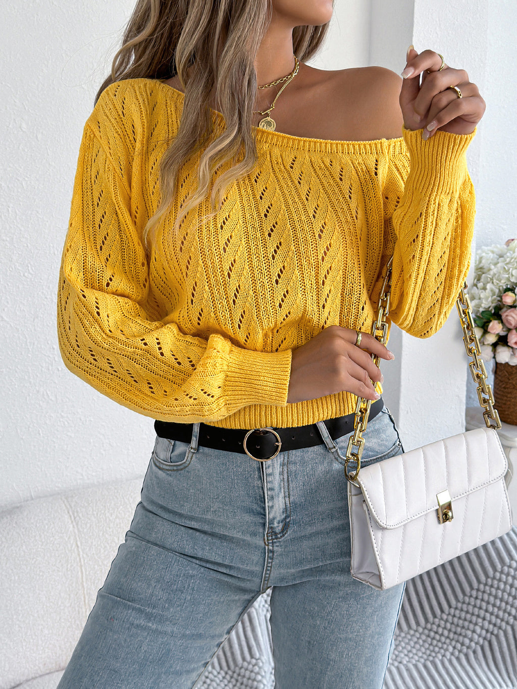 Off Shoulder Cable Knit Cropped Top - Yellow