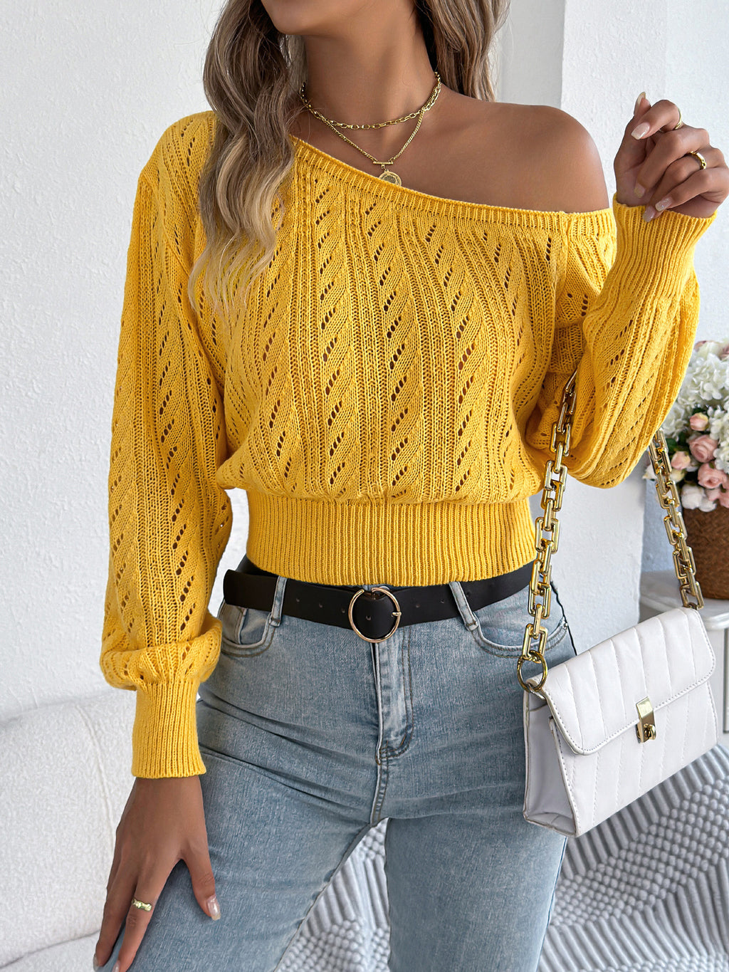Off Shoulder Cable Knit Cropped Top - Yellow - 1