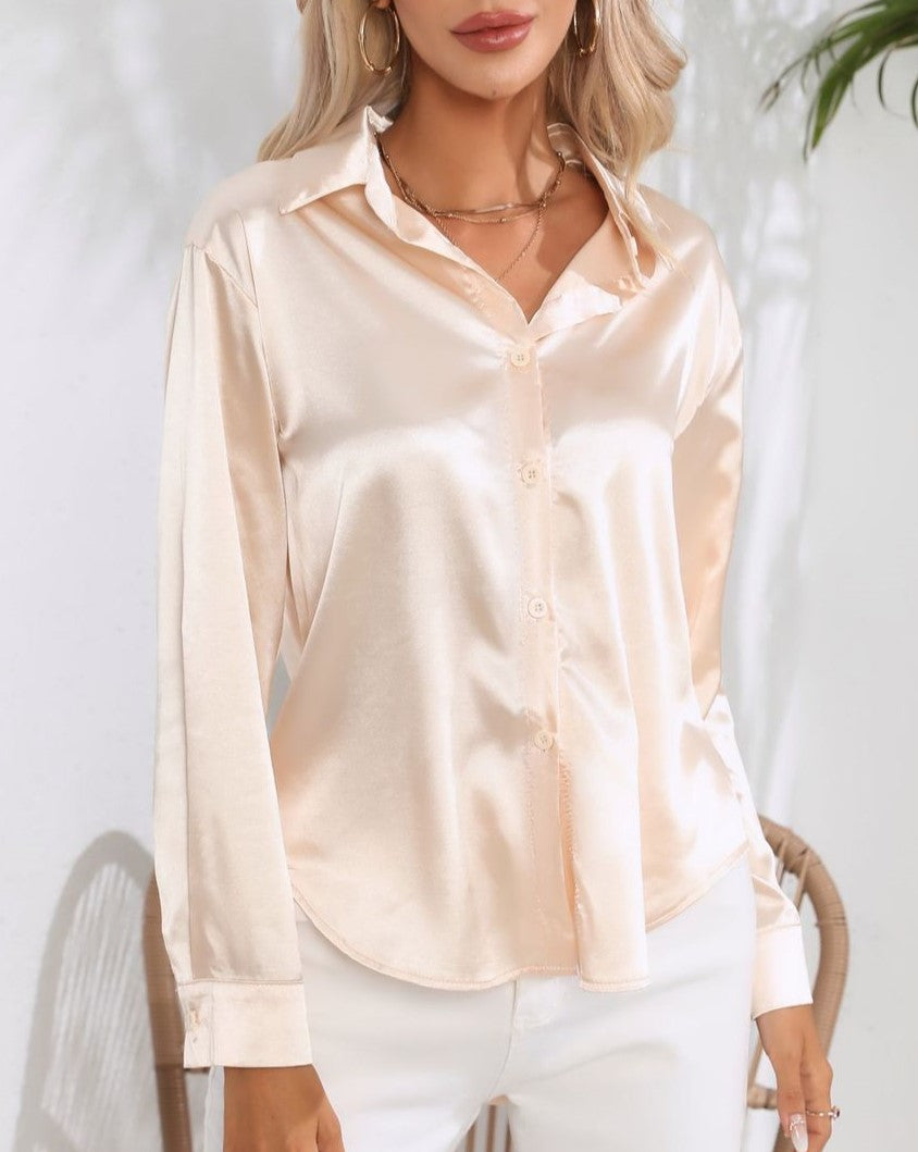 Glossy Satin Curved Hem Button Down Shirt - Apricot