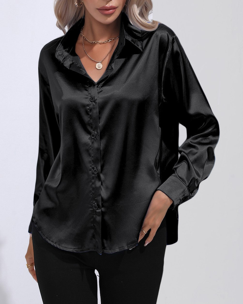 Glossy Satin Curved Hem Button Down Shirt - Black
