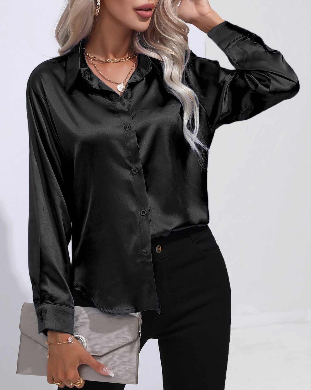 Glossy Satin Curved Hem Button Down Shirt - Black - 1
